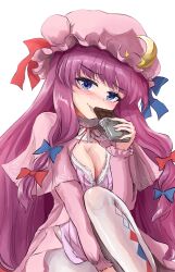 1girl blue_bow blue_eyes blue_ribbon bow bowtie breasts capelet chocolate cleavage crescent crescent_hat_ornament crescent_pin dress hair_bow hat hat_ornament hat_ribbon highres large_breasts long_hair looking_at_viewer mob_cap namiki_(remiter00) pantyhose patchouli_knowledge pink_capelet pink_robe purple_bow purple_bowtie purple_hair purple_hat red_bow ribbon robe solo striped_clothes striped_dress touhou vertical-striped_clothes vertical-striped_dress very_long_hair white_day