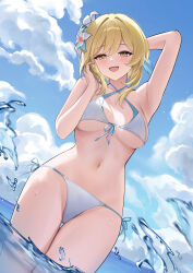 1girl absurdres alternate_costume arm_behind_head arm_up armpits bikini blonde_hair blue_sky blush breasts cloud commentary criss-cross_halter day dutch_angle flower front-tie_bikini_top front-tie_top genshin_impact hair_flower hair_ornament halterneck hand_up highres looking_at_viewer lumine_(genshin_impact) lunacle medium_breasts medium_hair navel open_mouth outdoors paid_reward_available short_hair_with_long_locks side-tie_bikini_bottom sky smile solo stomach swimsuit thigh_gap thighs wading wet white_bikini white_flower yellow_eyes