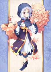 1girl absurdres beard black_footwear blue_background blue_capelet blue_eyes blue_hair blush capelet center_frills commentary_request dress facial_hair floral_background frills full_body glint highres holding hood hooded_capelet jewelry kesa kumoi_ichirin long_sleeves looking_at_viewer palanquin_ship ring sash shoes short_hair smile standing stick_jitb touhou translation_request unzan white_dress wide_sleeves yellow_sash