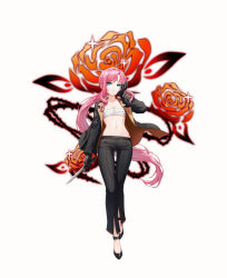 Rule 34 | 1girl, black gloves, black jacket, black pants, black shoes, blue eyes, chest sarashi, closers, collarbone, dagger, full body, gloves, hand up, highres, holding, holding dagger, holding knife, holding weapon, jacket, knife, long hair, long sleeves, looking at viewer, low ponytail, navel, official art, open clothes, open jacket, pants, parted lips, pink hair, ponytail, sarashi, seulbi lee, shoes, simple background, solo, stomach, very long hair, weapon, white background