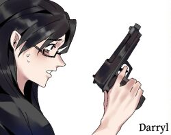1girl black_hair celiavein character_name darryl_(degrees_of_lewdity) darryl_(female)_(degrees_of_lewdity) degrees_of_lewdity from_side glasses gun handgun holding holding_gun holding_weapon long_hair simple_background solo sweat upper_body weapon white_background