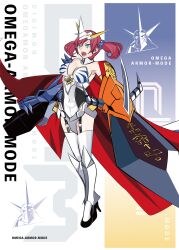 Rule 34 | 1girl, absurdres, bare shoulders, black shoes, breasts, cellphone, cosplay, cross-, digimon, digimon story: cyber sleuth, full body, garter straps, grey background, high heels, highres, holding, holding phone, large breasts, leotard, long hair, omegamon, omegamon (cosplay), open mouth, phone, red hair, shiramine nokia, shoes, side-, sideless outfit, simple background, solo, solo focus, tai (cheungsk1213), thighhighs, white leotard, white thighhighs