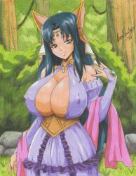 1girl 2022 absurdres bare_shoulders blue_hair breasts brown_hair cleavage covered_erect_nipples dress forest frilled_dress frills highres huge_breasts jewelry kyonyuu_fantasy long_hair mole mole_under_eye nature no_bra outdoors parted_lips purple_dress ravernclouk_design roxanne_de_desir solo traditional_media tree very_long_hair