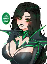 1girl absurdres armor artist_name black_bodysuit black_eyeshadow black_gloves black_hair black_lips bodysuit breasts cleavage commentary english_text eyeshadow gloves green_eyes grin hela_(marvel) highres large_breasts long_hair looking_at_viewer makeup marvel marvel_rivals patreon_username shapy_wa shoulder_armor signature simple_background smile solo speech_bubble upper_body white_background