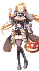 armor bag bikini bikini_top_only black_bikini black_boots black_skirt blonde_hair boots breasts brown_thighhighs clenched_teeth clothing_cutout cross-laced_footwear earrings erlenmeyer_flask flask full_body genetic_(ragnarok_online) glasses holding holding_bag jewelry large_breasts large_variant_set long_hair looking_at_viewer low_twintails miniskirt navel navel_cutout official_art one_eye_closed pauldrons potion ragnarok:_guild_masters ragnarok_online red_bag rimless_eyewear round-bottom_flask shoulder_armor simple_background skirt standing sweatdrop swimsuit teeth thighhighs transparent_background twintails vambraces variant_set vial yamadori_ofuu yellow_eyes
