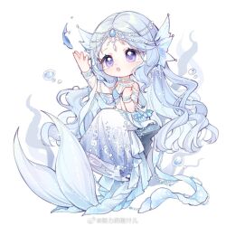 Rule 34 | 1girl, :o, arm up, bare shoulders, blue bra, blue hair, blue skirt, blue tail, bra, bracelet, bubble, chibi, chinese commentary, circlet, commentary request, crying, crying with eyes open, dot nose, eyelashes, fins, fish, fish tail, gradient sky, hand on own chest, head fins, infinity nikki, jewelry, light blush, long hair, long skirt, looking at animal, navel, necklace, nikki (series), nuli de chengzhi er, on rock, open mouth, outstretched arm, pleated skirt, purple eyes, sad, seaweed, simple background, sitting, skirt, sky, snowy ballad (infinity nikki), solo, stomach, tail, tareme, teardrop, tears, teeth, underwear, upper teeth only, very long hair, watermark, wavy hair, weibo watermark, white background, white skirt