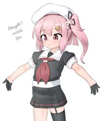 Rule 34 | 1girl, absurdres, adapted costume, asymmetrical legwear, belt, black serafuku, black shirt, black skirt, black thighhighs, dated, garter straps, gloves, hair ornament, hairclip, half gloves, harusame (kancolle), harusame kai ni (kancolle), hat, highres, kantai collection, long hair, maru (marg0613), one-hour drawing challenge, original remodel (kantai collection), outstretched arms, pink hair, pleated skirt, red eyes, sailor collar, sailor hat, school uniform, serafuku, shirt, side ponytail, simple background, single garter strap, single thighhigh, skirt, solo, standing, thighhighs, twitter username, white background, white belt, white hat, white sailor collar