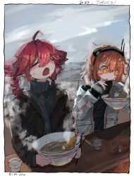 Rule 34 | + +, 2024, 2girls, a.i. voice, adachi rei, ahoge, black coat, black shirt, blush, blush stickers, border, chopsticks, closed mouth, cloud, coat, counter, cup, drill hair, drooling, eating, food, grey sweater, hairband, highres, izayoi (i34i22w), kasane teto, multiple girls, new year, noodles, open mouth, orange eyes, orange hair, outdoors, ramen, red hair, shirt, short hair, shrimp, shrimp tempura, sitting, sleeves past wrists, steam, sweatdrop, sweater, tempura, turtleneck, turtleneck sweater, twin drills, twitter username, utau, white coat
