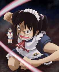 2girls apron artist_request boku_to_roboco bow eyelashes facial_mark highres jumping looking_at_viewer maid maid_apron maid_headdress multiple_girls multiple_persona muscular muscular_female one_piece parody punching roboco_(boku_to_roboco) robot robot_girl serious smile solo style_parody twintails