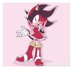 amy_rose animal_ears animal_nose artist_name black_fur boots closed_mouth dress furry gloves highres knuckles_the_echidna looking_at_viewer pink_background pink_fur purple_eyes red_boots red_dress red_fur scrimblocrimbo shadow_the_hedgehog silver_the_hedgehog simple_background sonic_(series) sonic_the_hedgehog standing white_gloves