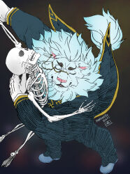 1boy animal_ears black_background black_pants black_suit closed_eyes commentary_request dancing formal_clothes furry furry_male gloves highres irurahiko lion_boy lion_ears lion_mane lion_tail male_focus monocle open_mouth pants signature skeleton snow_(housamo) suit tail tokyo_houkago_summoners translated whiskers white_gloves