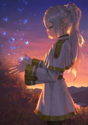 1girl blue_butterfly bug butterfly capelet commentary_request dusk earrings elf frieren from_side gradient_sky green_eyes horizon insect jewelry long_hair looking_down open_hands outdoors pantyhose parted_bangs pointy_ears shirt sib_(9obsl) sky solo sousou_no_frieren standing striped_clothes striped_shirt sunset teardrop_earrings thick_eyebrows tree twintails white_capelet white_hair wide_sleeves