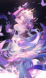 1girl back backless_dress backless_outfit black_background breasts bug butterfly castorice_(honkai:_star_rail) cat_princess commentary_request dress flower from_side hair_flower hair_ornament highres honkai:_star_rail honkai_(series) insect long_hair medium_breasts pantyhose purple_butterfly purple_eyes purple_hair purple_hands smile tiara white_dress white_pantyhose