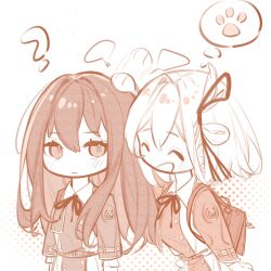 2girls ? ^_^ absurdres blush chibi chinese_commentary closed_eyes closed_mouth commentary_request cowboy_shot dkl_(dinosaurkl2) hair_between_eyes hair_ribbon headpat highres inoue_takina long_hair long_sleeves lycoris_recoil lycoris_uniform monochrome multiple_girls neck_ribbon nishikigi_chisato one_side_up open_mouth ribbon short_hair sidelocks simple_background