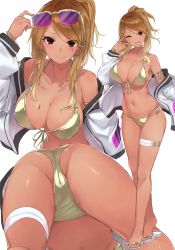 1girl armlet ass bare_shoulders bikini black_eyes blonde_hair breasts brown_hair cameltoe cleavage closed_mouth collarbone dark-skinned_female dark_skin ear_piercing earrings eyewear_on_head flip-flops gold_bikini gradient_hair gyaru highres idolmaster idolmaster_shiny_colors izumi_mei jacket jewelry large_breasts long_eyelashes long_hair looking_at_viewer multicolored_hair multiple_views navel one_eye_closed open_clothes open_jacket open_mouth piercing ponytail sandals shiny_clothes shiny_swimsuit side-tie_bikini_bottom smile standing sunglasses swimsuit tan thigh_strap v v_over_eye white_jacket yellow_bikini yoi_naosuke