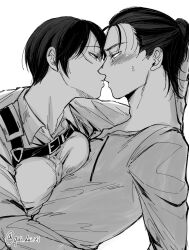 1boy 1girl arm_around_neck assertive_female black_hair blush breasts collared_shirt couple eren_yeager facial_scar greyscale hair_between_eyes hair_bun hand_in_another&#039;s_hair harness hetero highres kiss long_sleeves medium_breasts medium_hair mikasa_ackerman monochrome qui_dui_zi scar scar_on_cheek scar_on_face shingeki_no_kyojin shirt short_hair sweatdrop twitter_username upper_body white_background