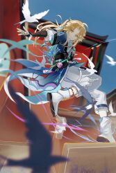 1boy absurdres baianyan_juezanhuanzhaiban bird bishounen blonde_hair blurry boots full_body highres honkai:_star_rail honkai_(series) long_hair long_sleeves looking_at_viewer male_focus outdoors pants parted_bangs short_sleeves sky solo swallow_(bird) weapon white_boots white_pants yanqing_(honkai:_star_rail) yellow_eyes