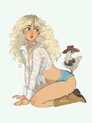1girl all_fours artist_name bird blonde_hair blue_eyes blue_shorts boots brown_boots brown_hat cowboy_hat hat highres itslopezz long_hair looking_to_the_side navel real_life sabrina_carpenter shirt short_shorts shorts simple_background solo tied_shirt white_background white_shirt