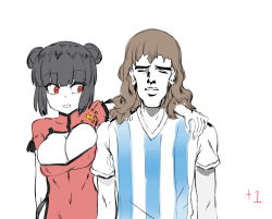 1boy 1girl argentina arm_around_neck artist_request black_hair breasts character_request china_dress chinese_clothes cleavage cleavage_cutout closed_eyes clothing_cutout corona-chan coronavirus double_bun dress hair_bun highres kuso_miso_technique looking_at_another medium_breasts people&#039;s_republic_of_china_flag red_eyes shirt short_sleeves side_slit sidelocks simple_background soccer_uniform sportswear t-shirt tagme upper_body white_background