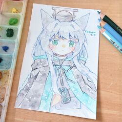 1girl absurdres animal_ears arknights art_tools_in_frame cat_ears cat_girl character_name green_eyes grey_hair haru_(aona1122) highres infection_monitor_(arknights) long_hair rosmontis_(arknights) solo thick_eyelashes traditional_media