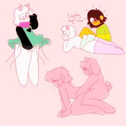 1boy 1other all_fours anal artist_request black_hair blush deltarune doggystyle feminine glasses goat goat_boy horns kris_(deltarune) looking_at_another lying multiple_boys on_stomach panties pink_horns pink_thighhighs ralsei sex sex_from_behind smile standing thighhighs underwear