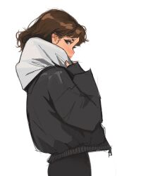1girl brown_eyes brown_hair clothes_grab coat cowboy_shot highres looking_at_viewer looking_back medium_hair messy_hair original sam_yang scarf simple_background solo white_background white_scarf winter_clothes winter_coat