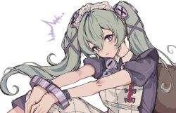 1girl animal_bag apron bear_bag black_dress blush commentary corin_wickes cuffs dress elowhyra english_commentary green_hair hair_between_eyes hairband hands_on_own_knees head_tilt highres looking_at_viewer maid maid_apron maid_headdress metal_hairband metal_wrist_cuffs open_mouth puffy_short_sleeves puffy_sleeves purple_eyes ribbon screw screw_hair_ornament short_sleeves simple_background sitting solo stuffed_animal stuffed_toy teddy_bear twintails wavy_mouth white_apron white_background wrist_cuffs zenless_zone_zero