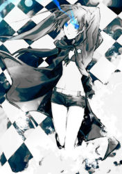 10s 1girl bikini bikini_top_only black_bikini black_hair black_rock_shooter black_rock_shooter_(character) blue_eyes boots female_focus flat_chest glowing glowing_eyes jacket long_hair navel pale_color pale_skin shorts solo swimsuit twintails vicky vicky_(fifone)