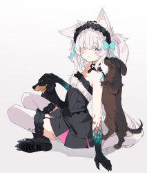 1girl :&lt; absurdres animal_ear_fluff animal_ears bare_arms bare_shoulders black_boots black_corset black_dog black_hairband black_hands black_skirt blue_bow blue_eyes blue_scales blush boots bow breasts brown_dog cat_ears clawed_boots clawed_hands collar colored_extremities colored_eyelashes commentary_request corset detached_collar dog dog_request frilled_collar frilled_hairband frilled_thighhighs frilled_tube_top frills full_body garter_straps grey_background hair_bow hairband half-closed_eye high-waist_skirt highres indian_style indie_virtual_youtuber kana616 long_hair looking_at_animal looking_to_the_side no_eyewear one_eye_closed petting pleated_skirt second-party_source simple_background sitting skirt small_breasts spanish_commentary strapless thighhighs tube_top twintails very_long_hair virtual_youtuber white_eyelashes white_hair white_thighhighs white_tube_top yumi_koburako