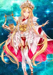 Rule 34 | 1girl, blue background, bow, bra, bracelet, breasts, camisole, cleavage, cleavage cutout, closed mouth, clothing cutout, crown, detached leggings, europa (fate), fate/grand order, fate (series), feet out of frame, fingernails, fur-trimmed shawl, fur trim, game cg, garter belt, gluteal fold, gold bracelet, halterneck, hands up, holding, holding harp, holding instrument, instrument, jewelry, large breasts, lingerie, long hair, looking at viewer, low neckline, midriff peek, navel, official art, outstretched arms, panties, parted bangs, pink nails, pink shawl, purple eyes, red bra, red panties, redjuice, sandals, see-through clothes, see-through shawl, shawl, smile, solo, star (sky), starry sky background, strapless, thigh gap, third-party source, two-sided fabric, two-sided shawl, underwear, variant set, very long hair, white camisole, white shawl, yellow bow