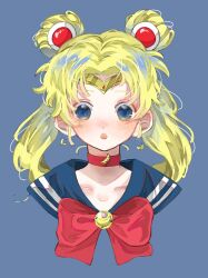 Rule 34 | 1girl, bishoujo senshi sailor moon, blonde hair, blue eyes, blush, bow, bowtie, choker, circlet, crescent, crescent earrings, double bun, earrings, hair bun, highres, jewelry, looking at viewer, red bow, red bowtie, red choker, sailor moon, sidelocks, simple background, solo, tsukino usagi, twintails, u mi031