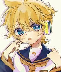 1boy :o black_sailor_collar black_sleeves blonde_hair blue_eyes drop_shadow eyes_visible_through_hair hair_between_eyes hand_on_own_shoulder headset high_ponytail highres holding kagamine_len looking_at_viewer male_focus mattari_haruto messy_hair necktie open_mouth ponytail sailor_collar shirt short_ponytail solo vocaloid white_background wide_sleeves yellow_nails yellow_necktie
