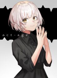 act-age angel angelic bad_tag calm clean highres momoshiro_chiyoko non-web_source pale_color short_hair simple_background smile solo white_hair yellow_eyes
