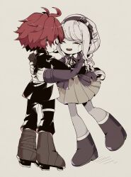 1boy 1girl ^_^ absurdres ahoge akesenyou black_hairband black_jacket black_pants black_ribbon black_shoes black_streaks braid closed_eyes collared_shirt colored_skin crying deformed geta grey_background grey_hair grey_skirt hairband highres hug jacket kirifuji_nozomi last_defense_academy_school_uniform long_hair multicolored_hair neck_ribbon pants red_hair ribbon school_uniform shirt shoes short_hair simple_background skirt smile streaked_hair sumino_takumi the_hundred_line_-last_defense_academy- white_shirt white_skin