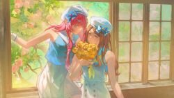 2girls absurdres bang_dream! bang_dream!_it&#039;s_mygo!!!!! blue_shirt bouquet brown_hair cang_(akaga204) chihaya_anon chinese_commentary closed_mouth commentary_request flower highres holding holding_bouquet indoors long_hair multiple_girls nagasaki_soyo neckerchief pink_hair pink_neckerchief sailor_collar shirt sidelocks skirt sleeveless sleeveless_shirt white_hair white_sailor_collar white_shirt white_skirt yuri