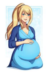 1girl adricarra big_belly blonde_hair blue_eyes blue_robe blue_sweater hand_on_own_stomach highres kneeling looking_at_viewer metroid misscherrylle nintendo open_mouth ponytail pregnant robe rubbing_belly samus_aran smile sweater