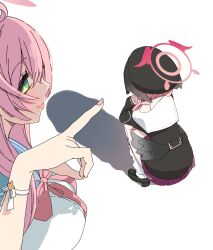 Rule 34 | 2girls, black hat, black shirt, black shoes, black wings, blue archive, cat shadow puppet (meme), closed mouth, facing away, green eyes, halo, hanako (blue archive), hat, hato haru, head wings, highres, koharu (blue archive), looking at viewer, multiple girls, penis shadow, pink hair, pink halo, pink nails, red skirt, sexually suggestive, shadow, shirt, shoes, simple background, skirt, smile, socks, squatting, white background, white shirt, white socks, wings