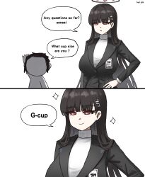 Rule 34 | 1boy, 1girl, absurdres, arms up, black hair, black halo, black suit, blue archive, blunt bangs, blush, breasts, bright pupils, doodle sensei (blue archive), formal clothes, hair ornament, hairclip, halo, hand on own hip, highres, kai xin, large breasts, long hair, looking down, multicolored halo, name tag, red eyes, red halo, rio (blue archive), sensei (blue archive), smile, suit, sweater, turtleneck, turtleneck sweater, two-tone halo, white pupils, white sweater