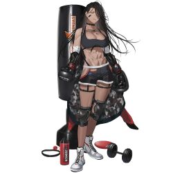 1girl abs bandaged_arm bandages black_hair black_shorts black_sports_bra bottle boxing boxing_gloves dark-skinned_female dark_skin full_body game_cg girls&#039;_frontline girls&#039;_frontline_neural_cloud highres hip_vent kaoruko_(unkrk55) knee_pads long_hair magnhilda_(neural_cloud) muscular muscular_female official_art punching_bag shoes shorts sneakers solo sports_bra standing tachi-e third-party_source transparent_background water_bottle weights white_shoes yellow_eyes