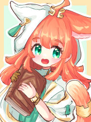 1girl animal_ears arknights blush book border brown_border brown_gloves cat_ears cat_girl cat_tail commentary_request dress gloves green_background green_eyes hands_up highres holding holding_book long_hair looking_at_viewer open_mouth orange_hair outline papyrus_(arknights) single_glove solo tail thick_eyebrows upper_body white_dress white_outline yopi_(user_wdgp8532)