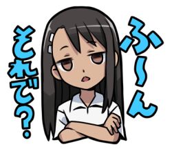 1girl 774_(nanashi) black_hair brown_eyes collared_shirt crossed_arms ijiranaide_nagatoro-san long_hair looking_at_viewer lowres nagatoro_hayase open_mouth shirt simple_background solo tan triangle_mouth upper_body white_background white_shirt