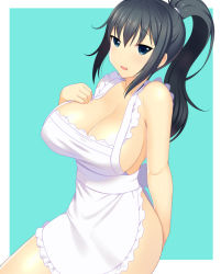 10s 1girl alternate_hairstyle apron bare_shoulders black_hair blue_background blue_eyes breasts cleavage female_focus high_ponytail huge_breasts ikaruga_(senran_kagura) kyoku_tou long_hair naked_apron ponytail senran_kagura solo