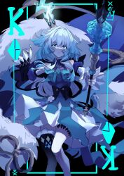 1girl black_background black_thighhighs blue_dress blue_eyes blue_hair cane cape cerydra_(honkai:_star_rail) commentary_request crown detached_sleeves dress fur-trimmed_cape fur_trim hair_intakes highres holding holding_cane honkai:_star_rail honkai_(series) januar_dream korean_commentary mini_crown single_thighhigh solo thighhighs