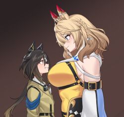 2girls animal_ears arm_belt black_hair blonde_hair blue_eyes breasts brown_eyes commentary detached_sleeves ear_covers fukuro_(maruaru00) genderswap genderswap_(mtf) goggles goggles_around_neck gradient_background gradient_hair grey_background grin hair_tubes height_difference highres horse_ears horse_girl long_hair looking_down looking_up low_ponytail medium_hair mole mole_under_eye multicolored_hair multiple_girls o-ring_strap original personification ponytail sideboob skindentation smile soccer_boy_(racehorse) stay_gold_(umamusume) two-tone_hair upper_body white_hair white_hood