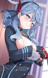 1girl ako_(blue_archive) bell black_coat black_collar blue_archive blue_eyes blue_hair blurry blurry_background blush breasts coat collar cowbell highres holding holding_collar indoors large_breasts medium_hair red_collar shinori_(efvbji6264) shirt sideboob solo upper_body white_shirt