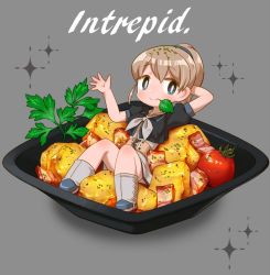 1girl bacon basil_leaf belt black_shirt blue_eyes boots brown_hair chaki_(teasets) character_name commentary_request female_focus food full_body german_potato grey_background grey_neckwear in_food intrepid_(kancolle) kantai_collection looking_at_viewer miniskirt mouth_hold ponytail potato shirt short_hair simple_background sitting skirt solo sparkle tomato waving white_skirt
