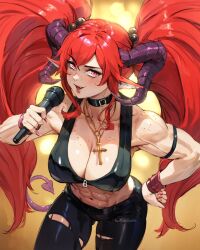 1girl abs arm_strap artist_name belt belt_collar biceps big_hair black_belt black_pants black_shirt blush body_freckles bracelet breasts cleavage collar commentary cowboy_shot crop_top cross cross_necklace demon_girl demon_horns demon_tail double-parted_bangs english_commentary fang fingernails freckles hair_between_eyes hair_bobbles hair_ornament hand_on_own_hip highres holding holding_microphone horns jewelry large_breasts long_fingernails long_hair long_pointy_ears looking_at_viewer microphone midriff muscular muscular_female nail_polish navel necklace open_mouth original pants pink_eyes pink_nails pointy_ears red_hair robusta_mania shirt sleeveless sleeveless_shirt slit_pupils smile solo standing tail torn_clothes torn_pants twintails veins veiny_arms very_long_hair zipper_pull_tab