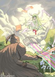 1boy 1girl armor beamed_eighth_notes black_pants black_souls book cape chinese_commentary cloud cloudy_sky commentary_request floating floating_book floating_object flying forest full_armor fur_cape green_eyes green_hair green_leotard green_shoes grey_cape grey_helmet grimm_(black_souls) helmet holding holding_sword holding_wand holding_weapon knight leaf_(black_souls) leotard long_hair musical_note nature outdoors pants paper pointy_ears shoes sky standing sword treble_clef twitter_username two-handed very_long_hair wand weapon xun_lin_(pixiv_93392103)
