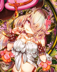 1girl breasts cleavage duel_monster fang flower frilled_tube_top frills hair_flower hair_ornament hair_over_one_eye highres honey large_breasts long_hair looking_at_viewer navel nectar open_mouth pink_hair red_eyes sato_(yuki0634) smile solo strapless traptrix_pinguicula tube_top white_tube_top yu-gi-oh!