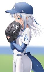 1girl absurdres baseball baseball_cap baseball_glove baseball_uniform belt black_gloves blue_belt blue_eyes blue_hair blue_hat blue_shirt blue_undershirt blunt_bangs blurry blurry_background breasts commentary covering_own_mouth cowboy_shot depth_of_field english_commentary eyelashes fins fish_tail from_side gawr_gura gloves hands_up hat highres hololive hololive_english layered_sleeves long_sleeves looking_afar looking_ahead los_angeles_dodgers medium_hair multicolored_hair pants playing_sports shark_girl shark_tail shirt short_sleeves sidelocks small_breasts solo sportswear standing streaked_hair tail thomas_8000 two_side_up virtual_youtuber white_hair white_pants white_shirt